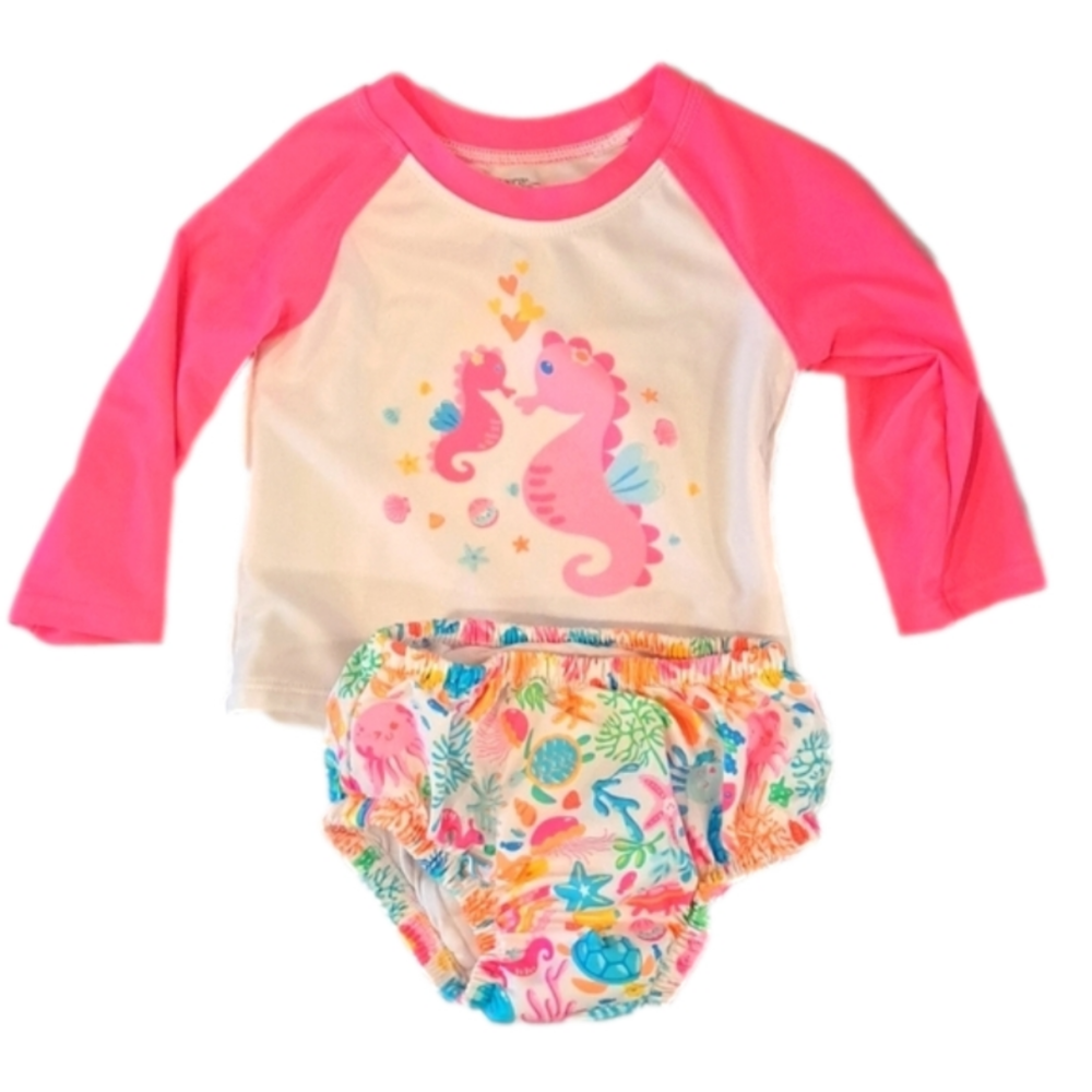 2 piece swim set for baby girl size 12-18 months seahorses neon pink swim diaper